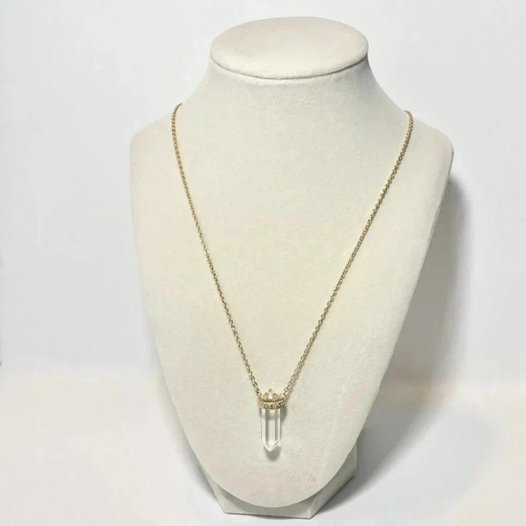 NIALAYA Clear Quartz Crystal Necklace Engraved Evil Eye Gold Plated L 18”+ 2” - Picture 4 of 9